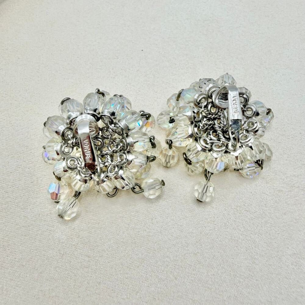 VTG VOGUE Rare Vintage 1960's Glass Crystal Aurora Borealis Waterfall Earrings - Picture 10 of 16
